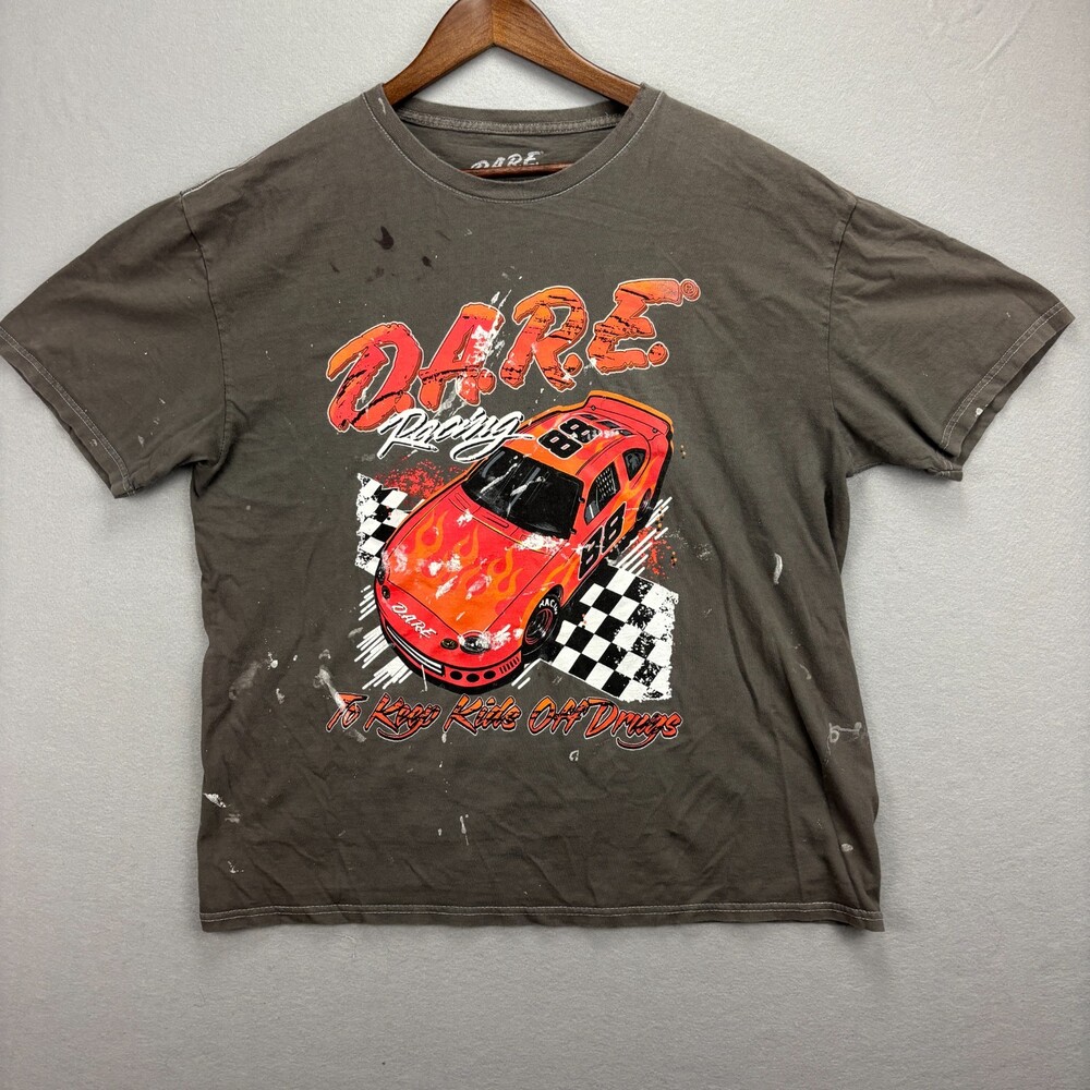DARE Racing Mens XL Graphic Tee Olive Dare To Keep Kids Off Drugs Y2K Distressed
